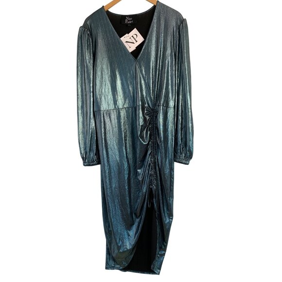 Nina Parker Metallic Ice Blue Long-Sleeve Ruched Midi Dress 2X 8954 Plus - Picture 2 of 8